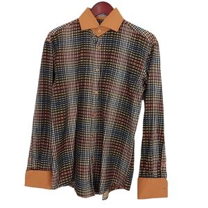 Fratello Men's 15.5/33-34 Long Sleeve French Cuff Shirt Small Check Print Brown.